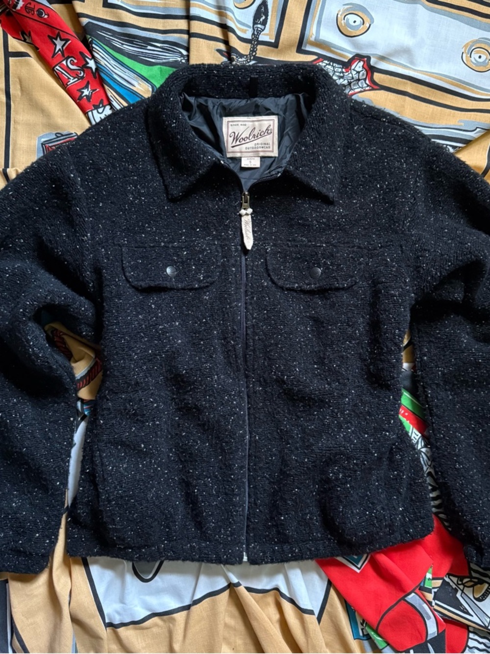 Vintage womens Woolrich wool blend full zip jacket Small flecked black white